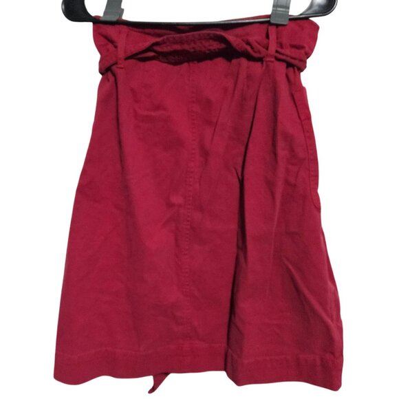LOFT Red Denim Belted Skirt Womens Size 4 Button Front Pockets Midi Pencil - Picture 2 of 4